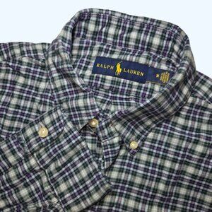 Ralph Lauren Button Down Shirt Mens Medium Plaid Gray Purple Pony Long Sleeve